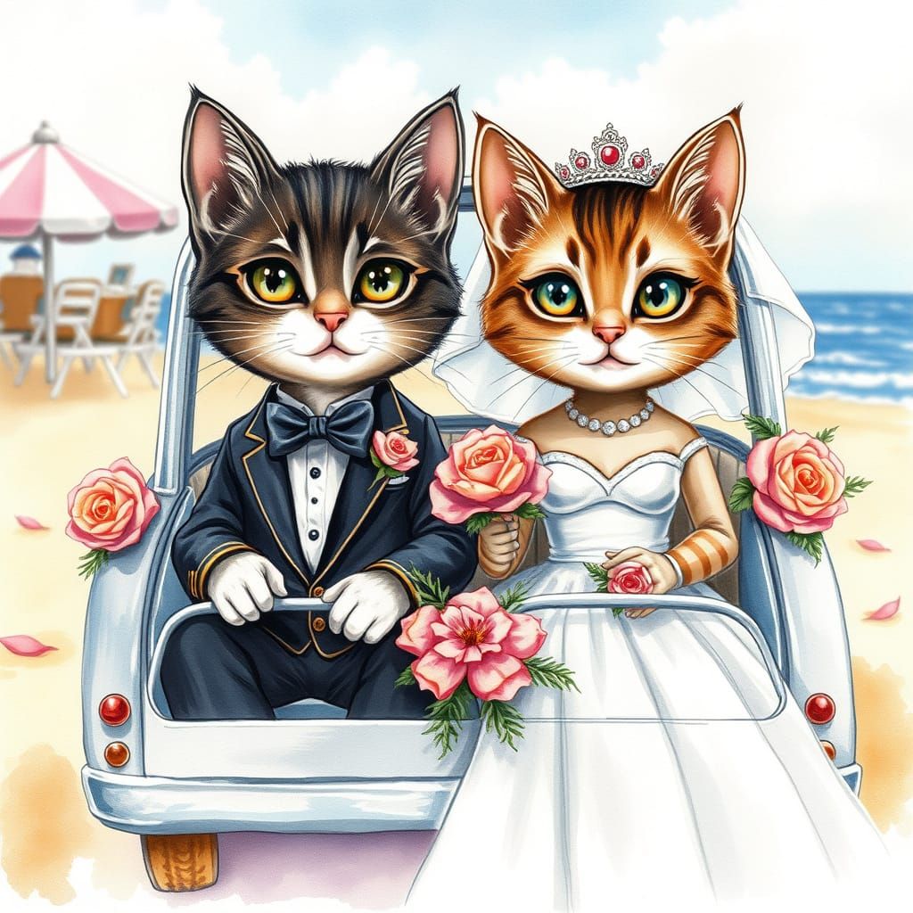 Chibi Cat Couple in Vintage Wedding Car