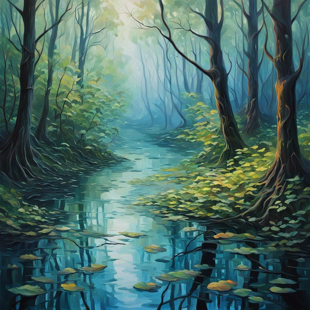 Surreal Forest Bends to Water: An Impressionist Oil Painting