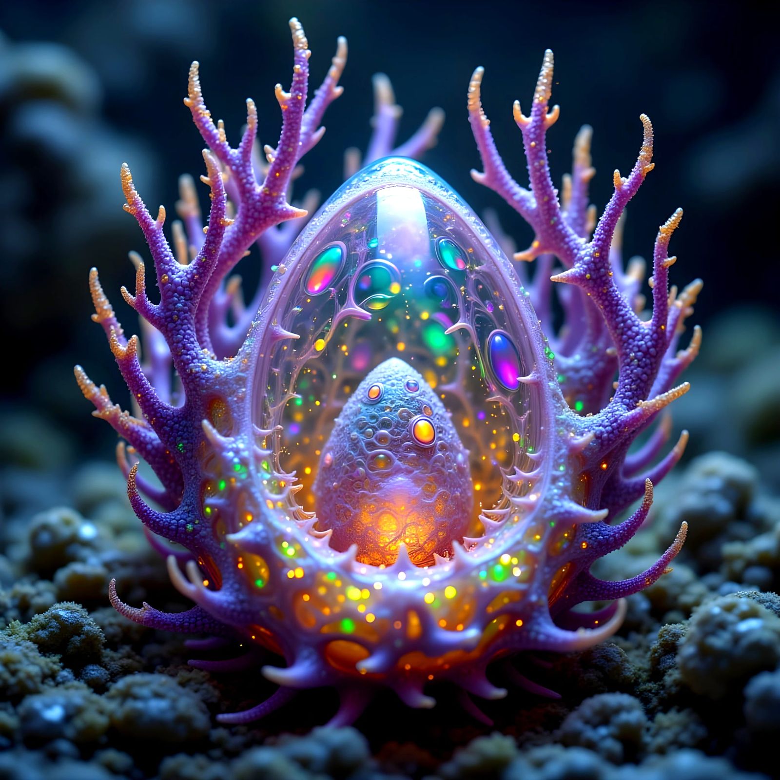 Glowing Dragon Egg with Embryo in a Prickly Aesthetic