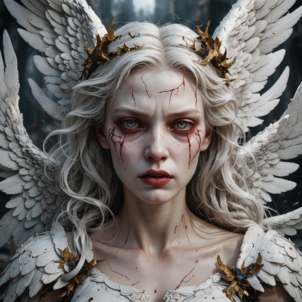 Fallen Angel Portrait with Sewn Lips: Hyperrealistic Art