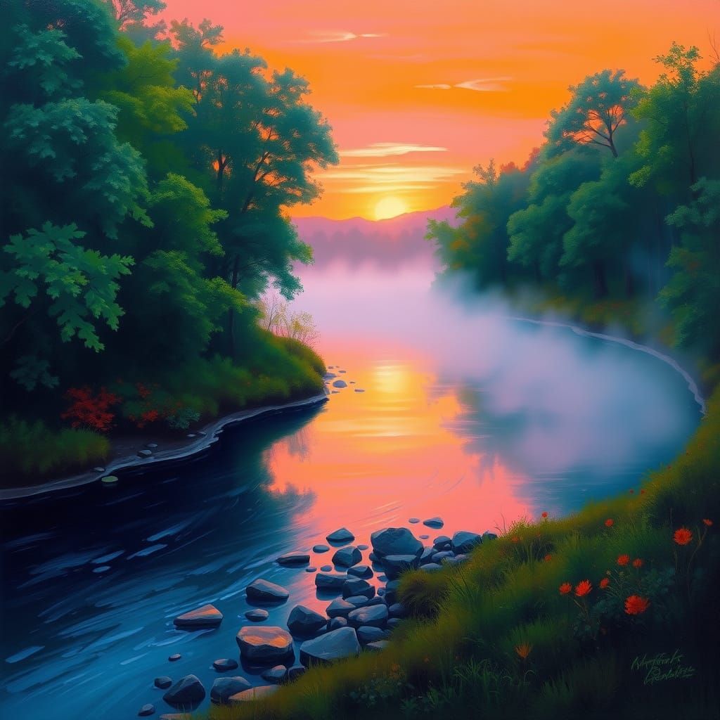 Winding River at Sunset with Lush Greenery and Mystical Fog