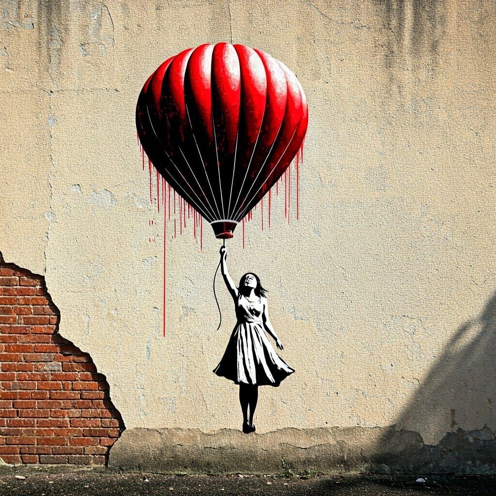 Woman Ascending with Balloon in Urban Graffiti Art