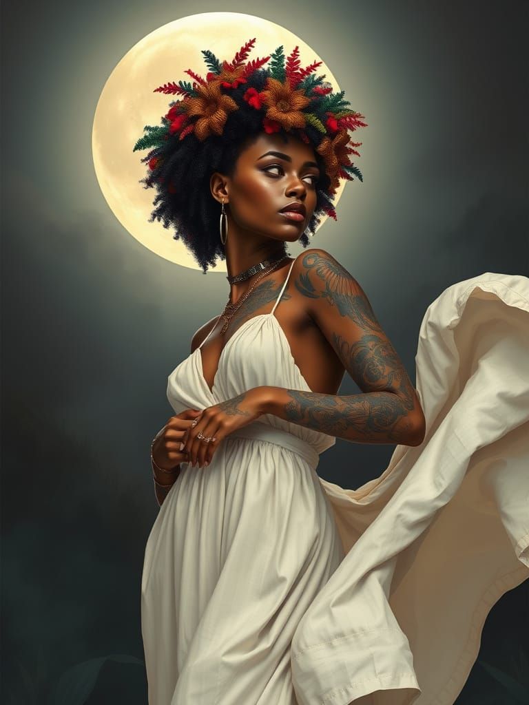 Modern Woman in Ethereal Moonlight, Adorned in Linen and Col...