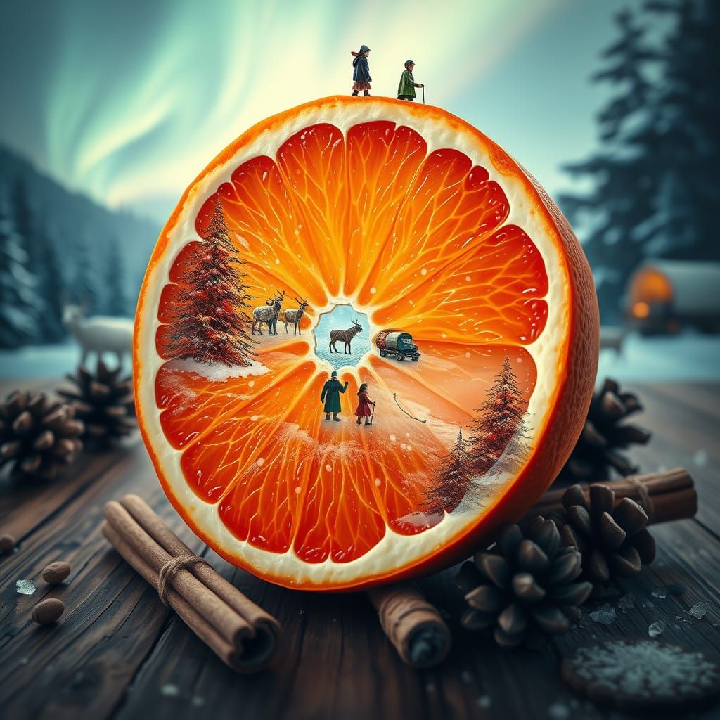 Surreal Winter Wonderland with Tangerine Slice