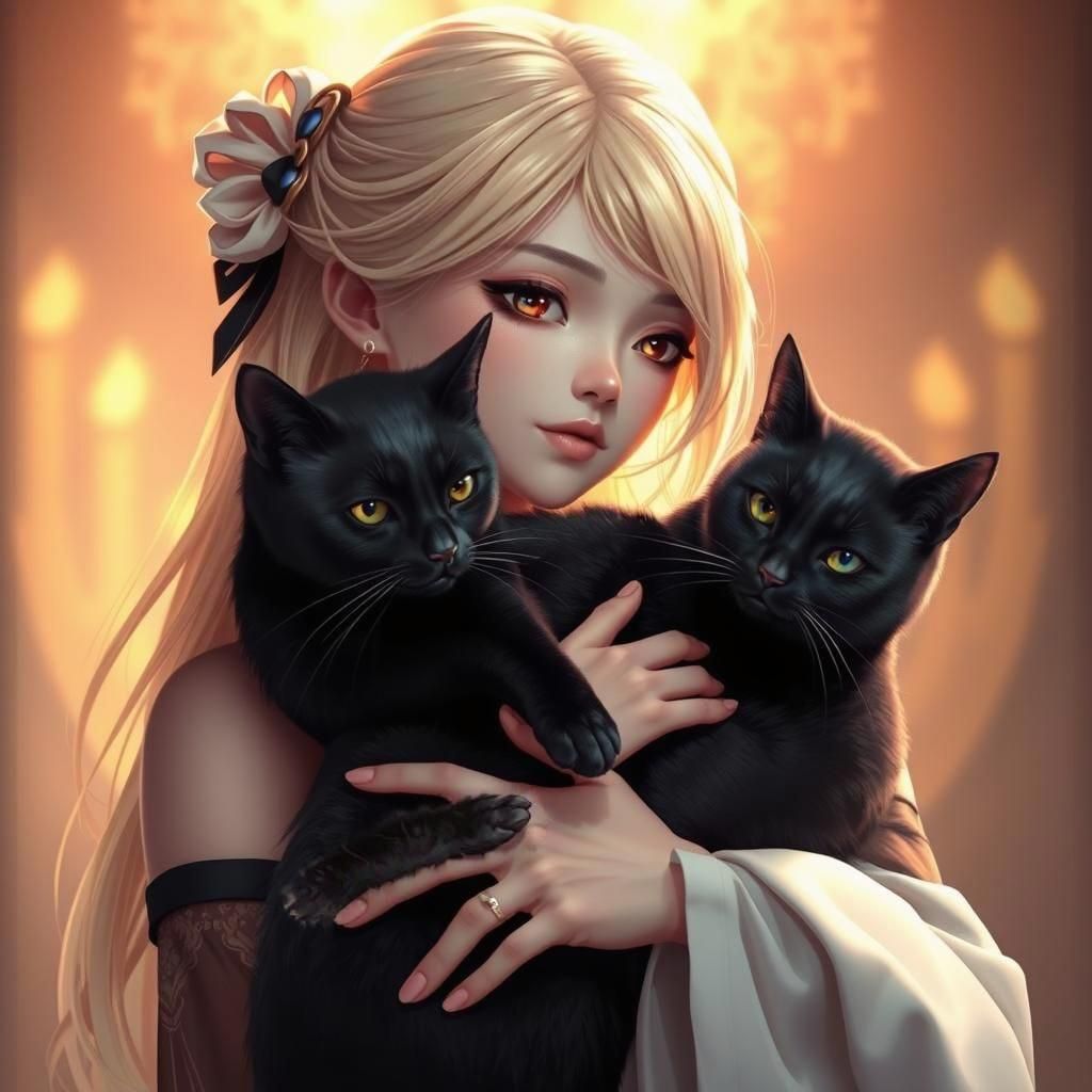 Anime Girl with Black Cat, 3D Rendered