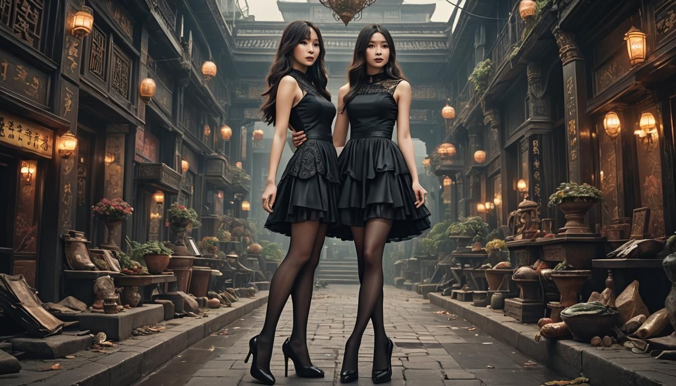 Beautiful Asian Transgender Couple in Cocktail Dresses