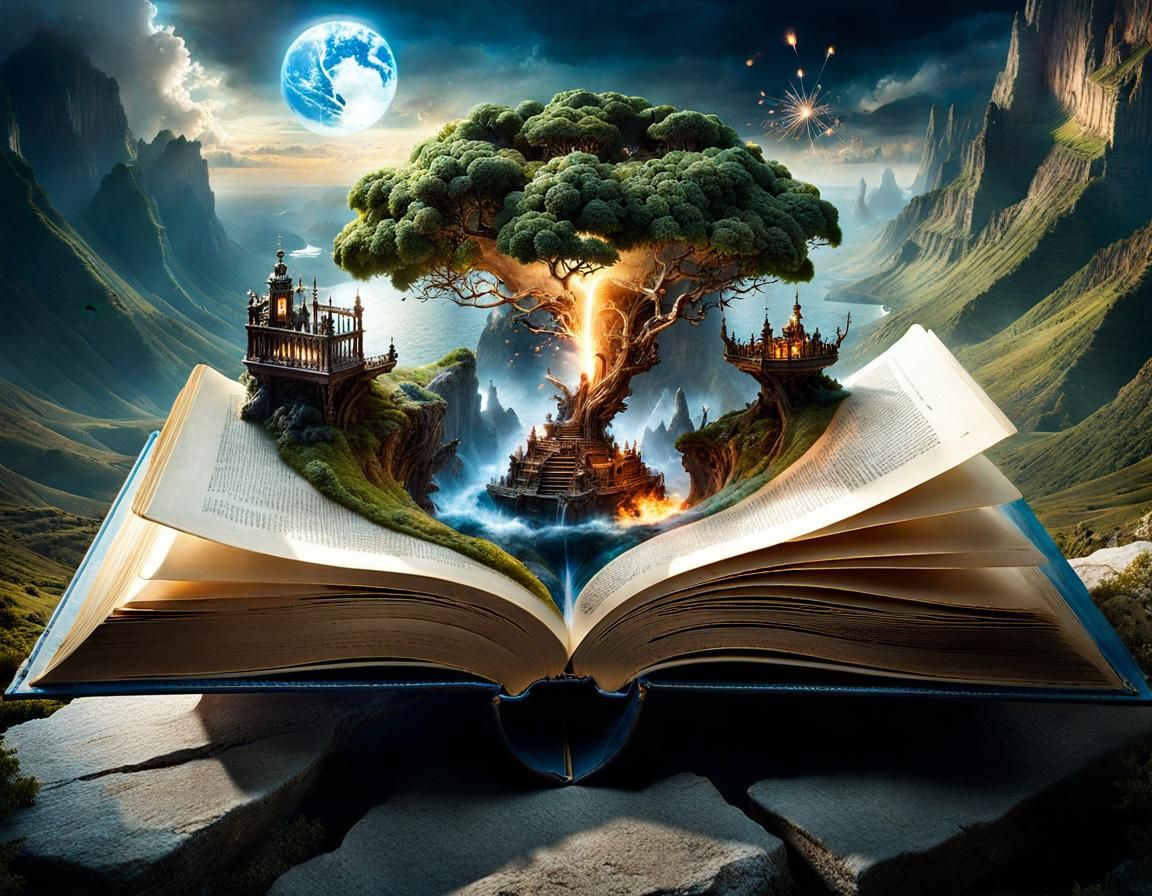 Miniature World Exploding from Open Book in Pop-Up Style