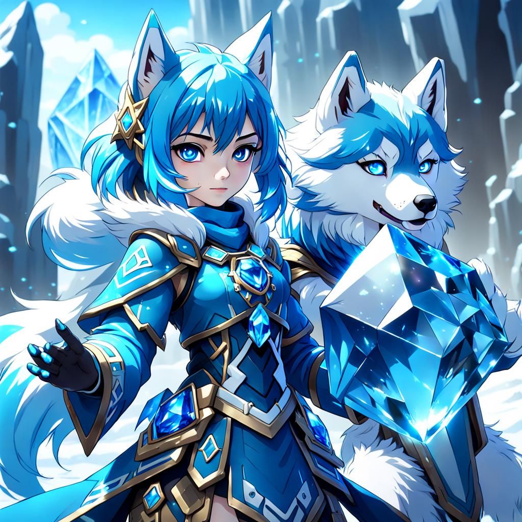 Anime Crystal Guardian Girl with Husky, Detailed Digital Art