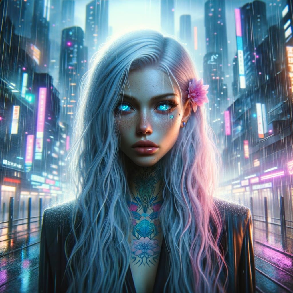 Cyberpunk City Figure with White-Pink Hair and Blue Eyes