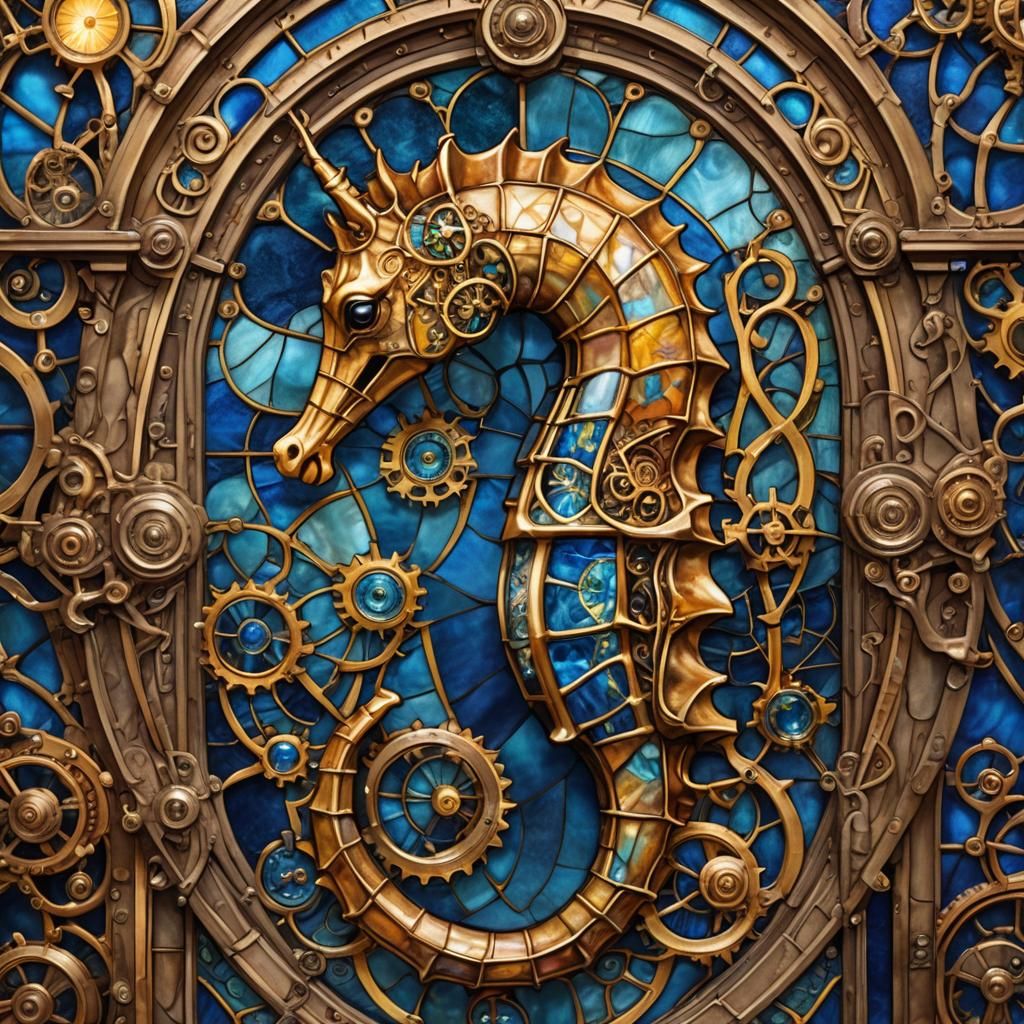 Steampunk Seahorse Stained Glass Inspired by Klimt