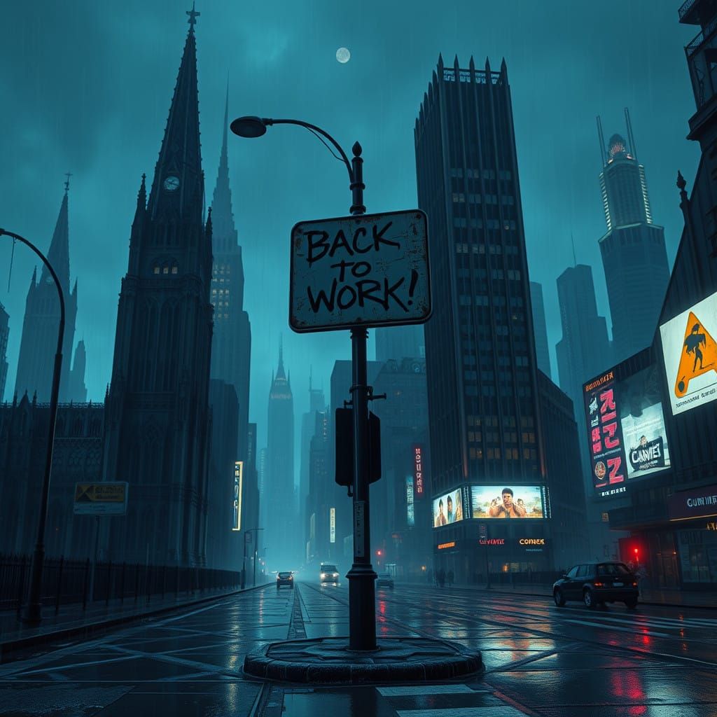 Cyberpunk Cityscape at Dusk, with Ominous Signpost