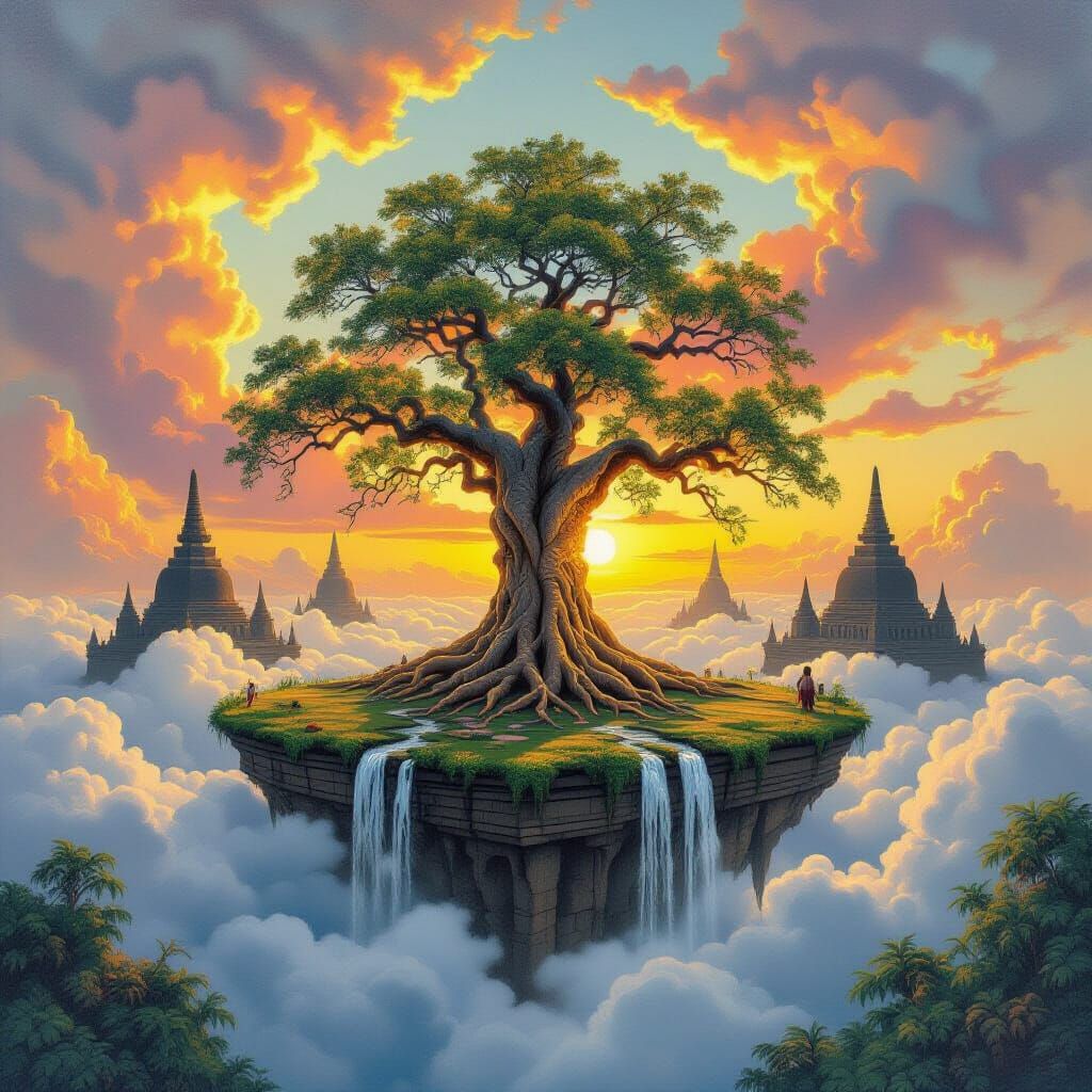 Banyan Tree on Floating Island: Surreal Oil Painting