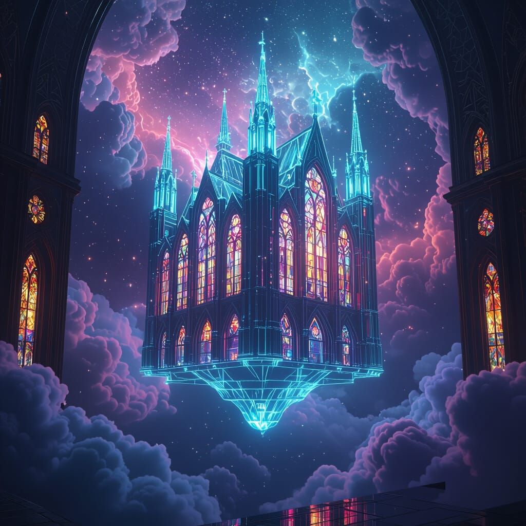 Glass Cathedral in Neon Nebula, Renaissance Style