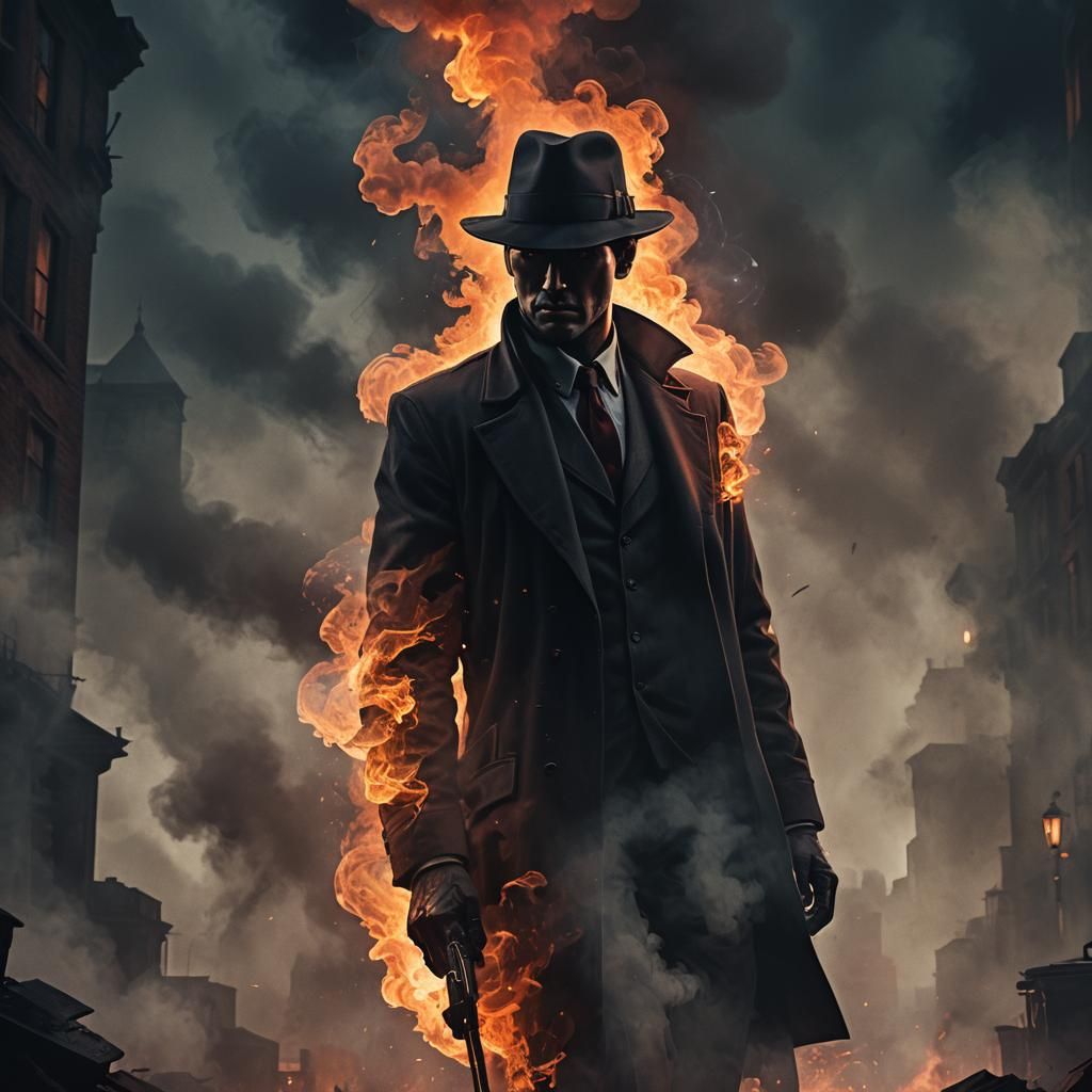 Noir detective emerging from smoke