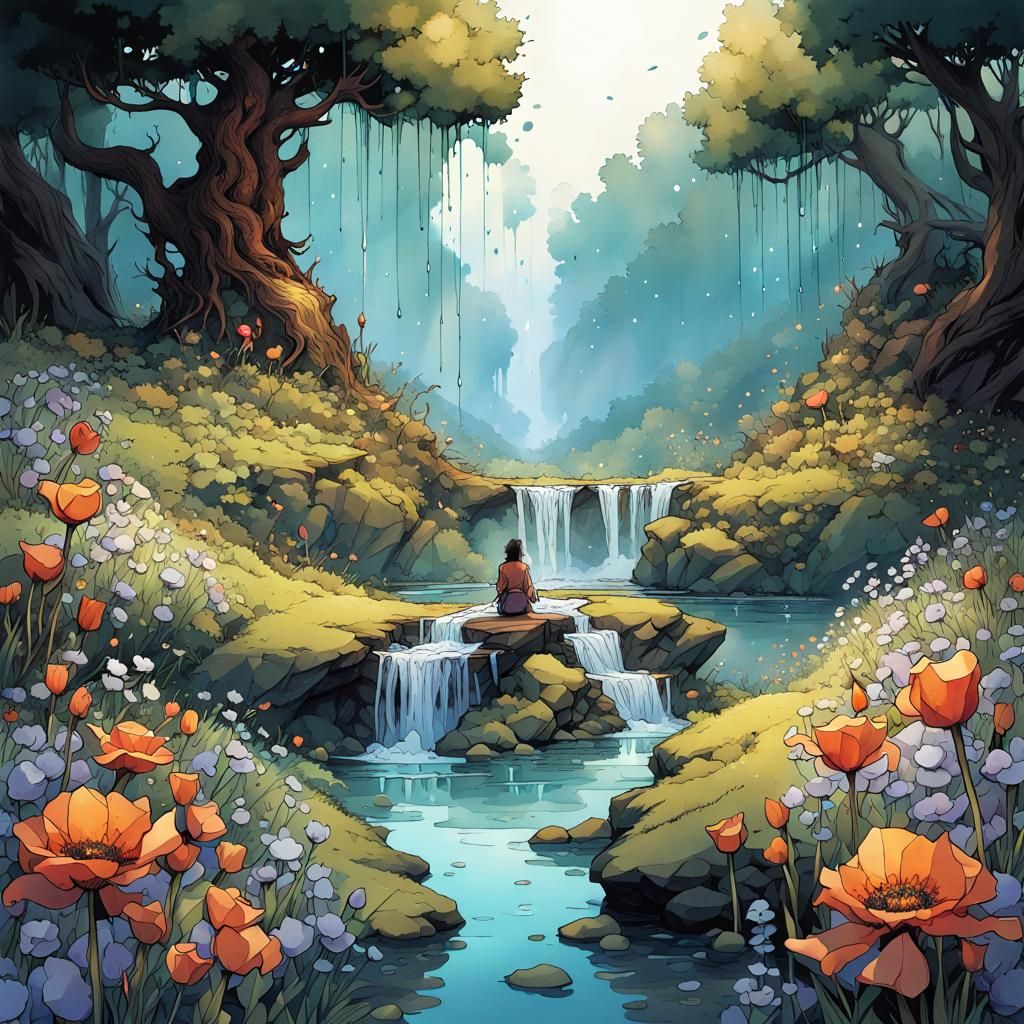 Watercolor Landscape: Tears Watering Wildflowers