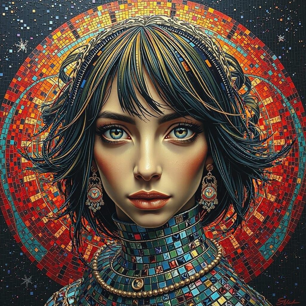 Iridescent Mosaic Woman in Starry Night Sky