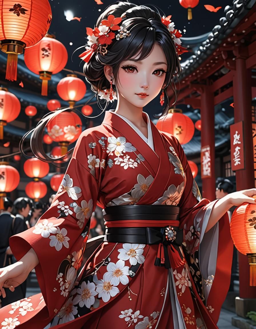 Lantern Festival Kimono in Anime Style