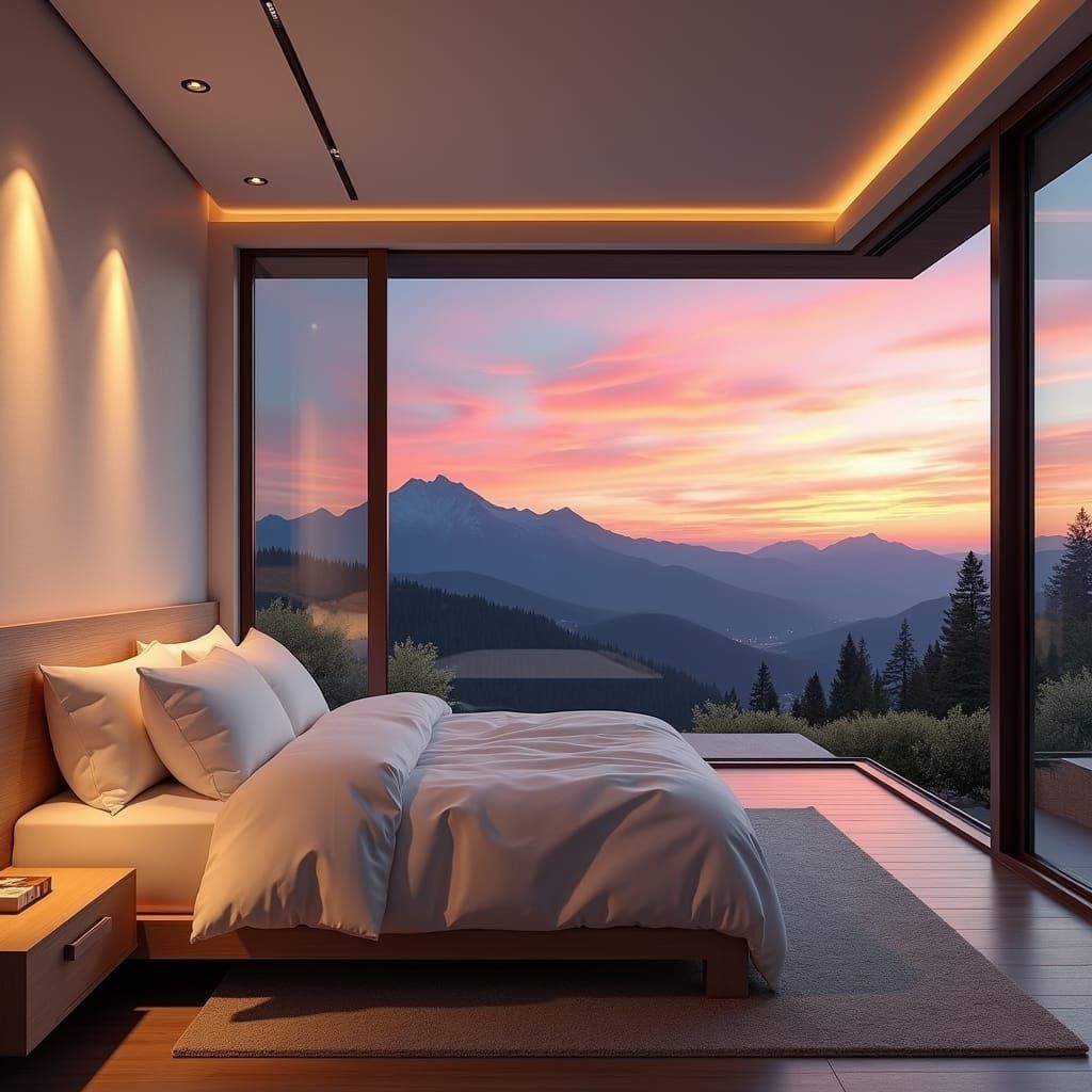 Mountain Sunset View from Modern White Bedroom