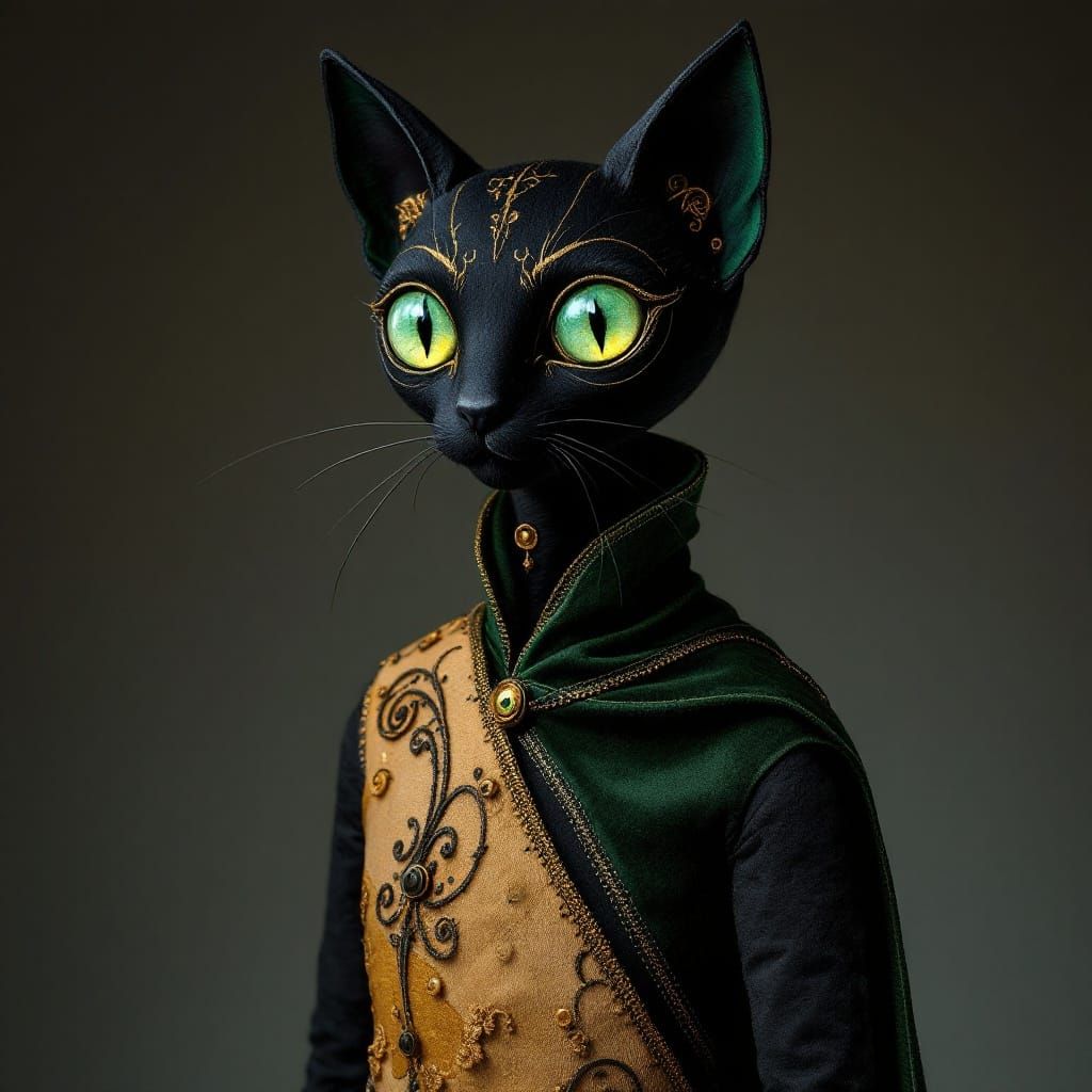 Elegant Stitched Black Cat Doll Portrait