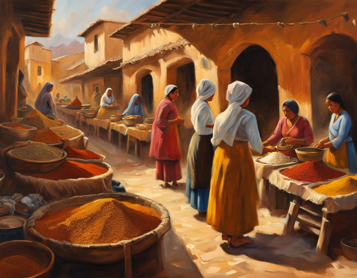 Sunlit Spice Market in Thick Impasto Oil