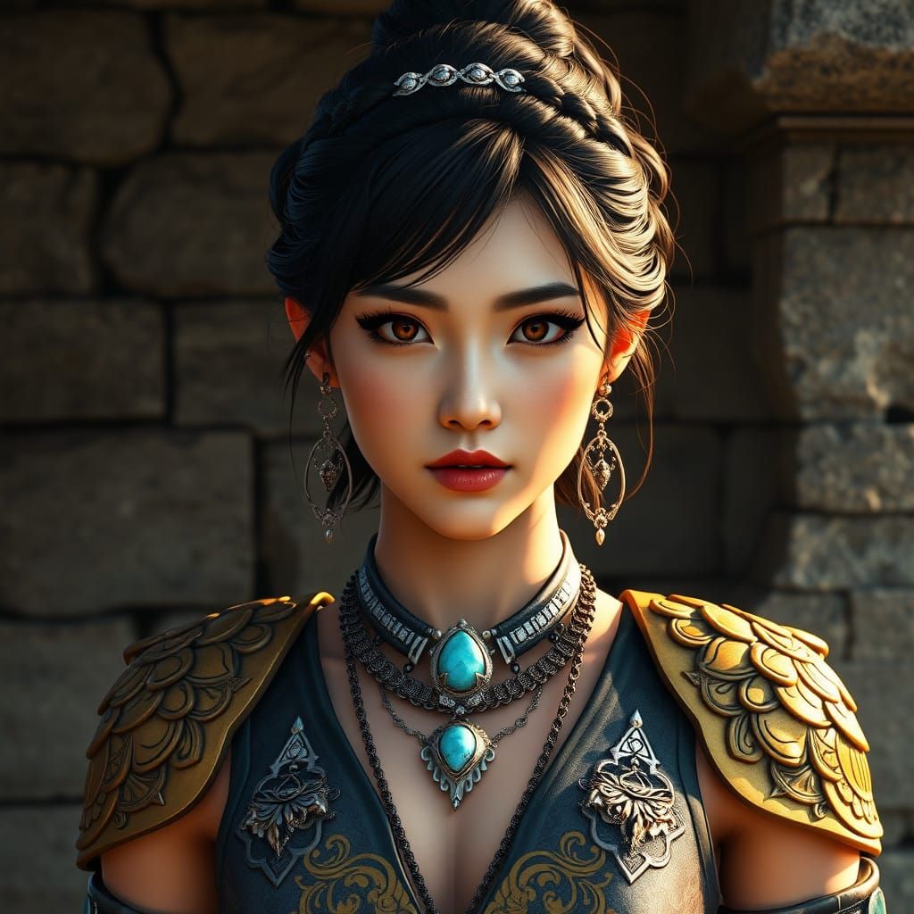 Elegant East Asian Warrior in Golden Armor