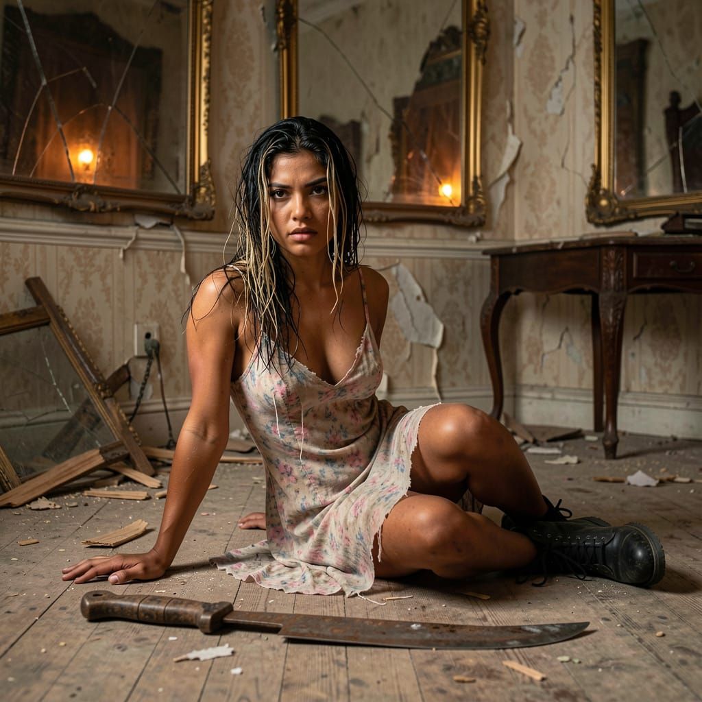 Defiant Woman in Decaying Victorian Room with Machete