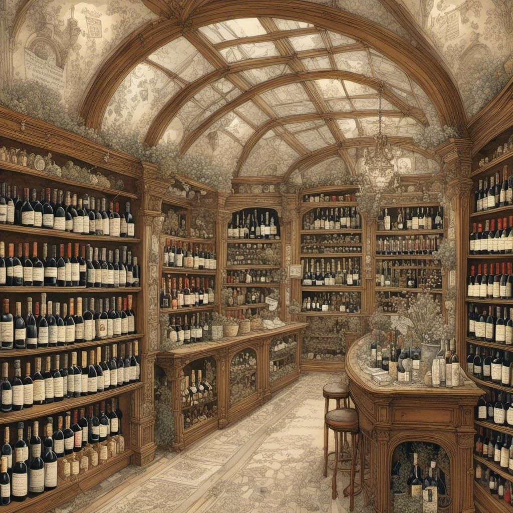 Intricate Wine Shop in Botanical Art Style