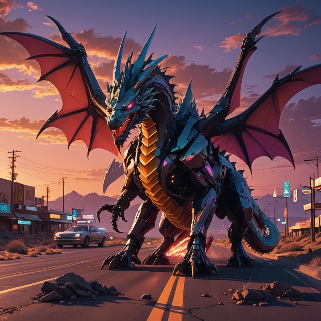 Cyberpunk Dragon on Route 66 at Sunset