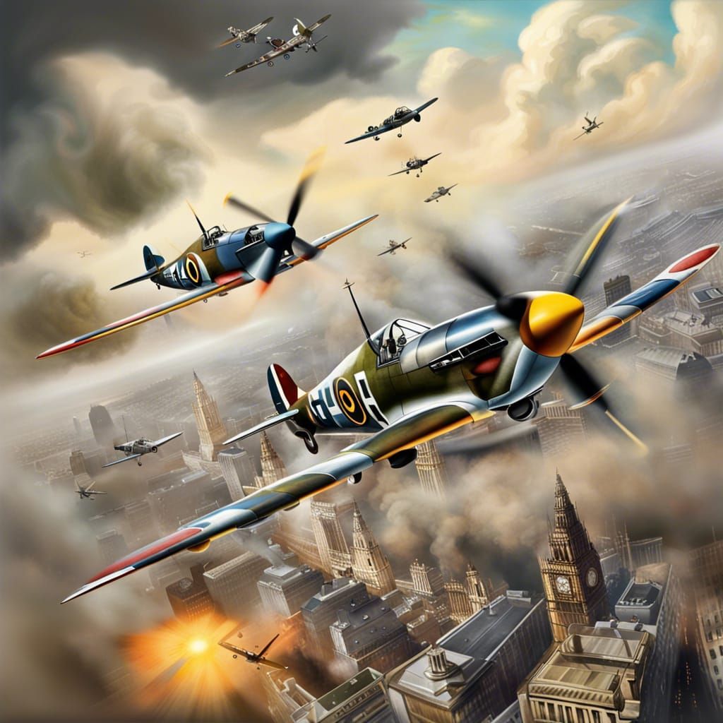 Spitfires Dogfight Over London: Hyperrealistic Splash Art