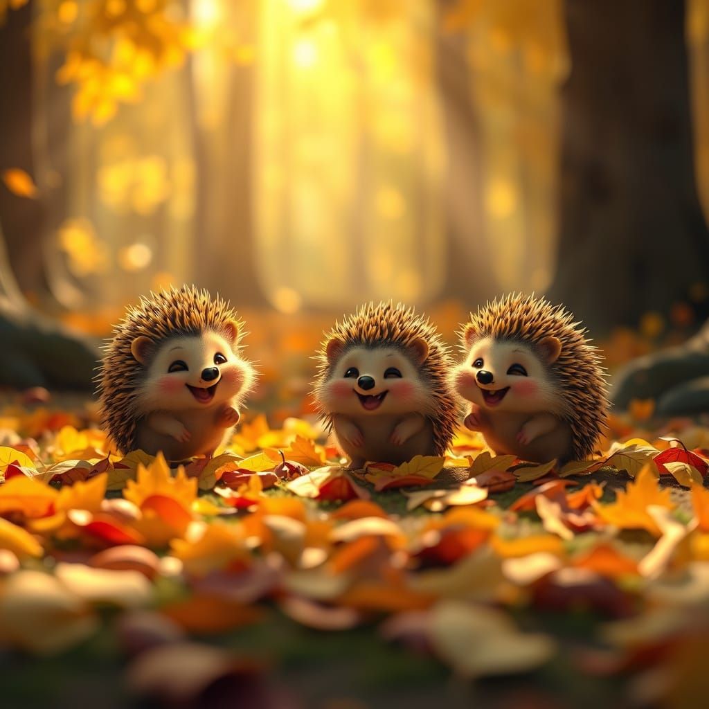 Adorable Hedgehogs Playfully Gathering Leaves in Forest