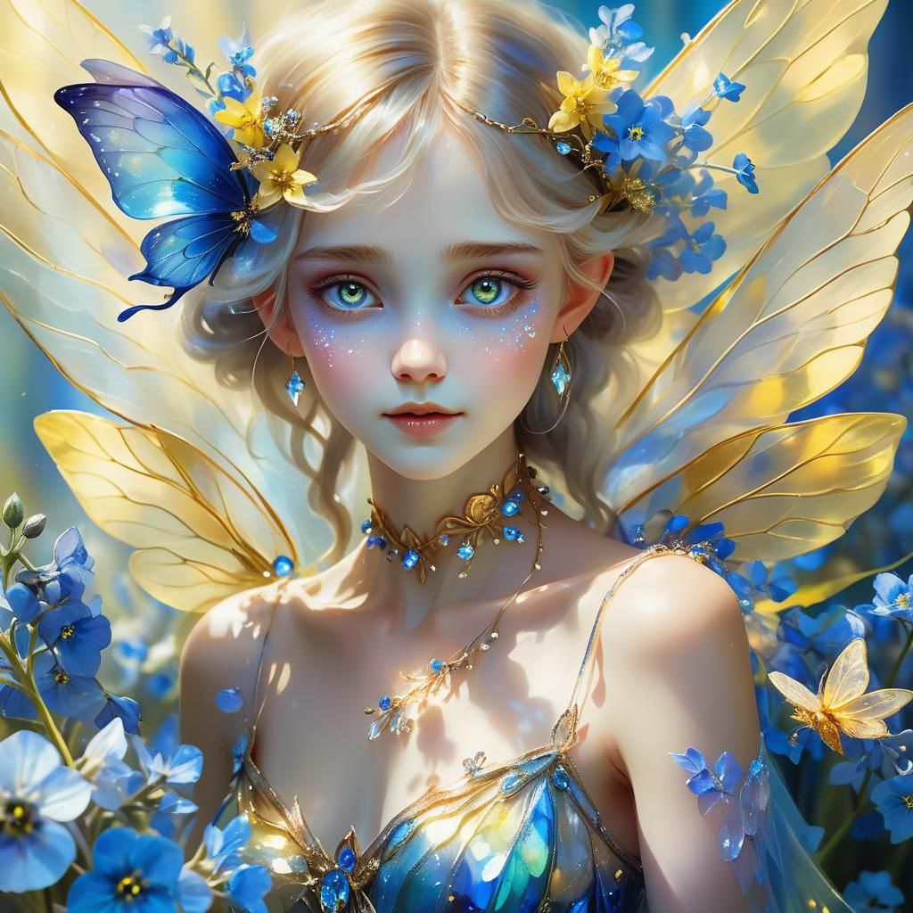 Delicate Fairy with Delphiniums in Art Nouveau Style