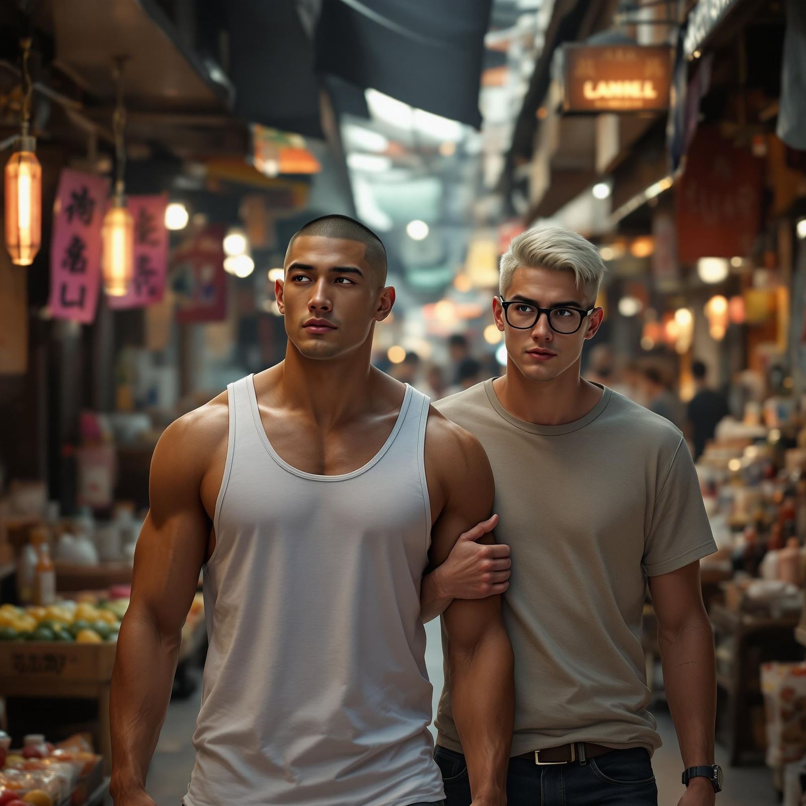 Men in Vietnamese Market, Cinematic Anime Style