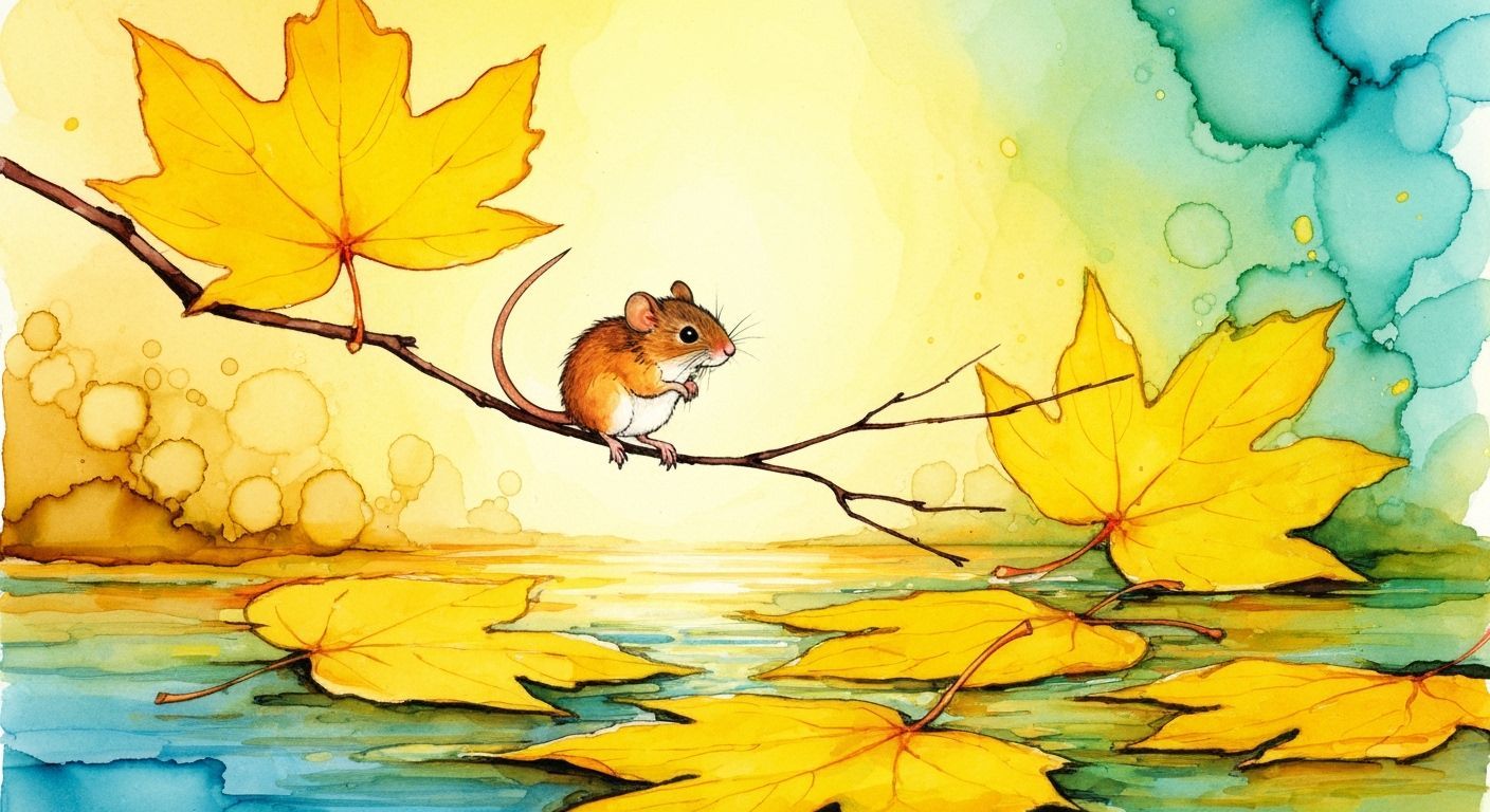 Field Mouse on Twig Over Water with Autumn Leaves