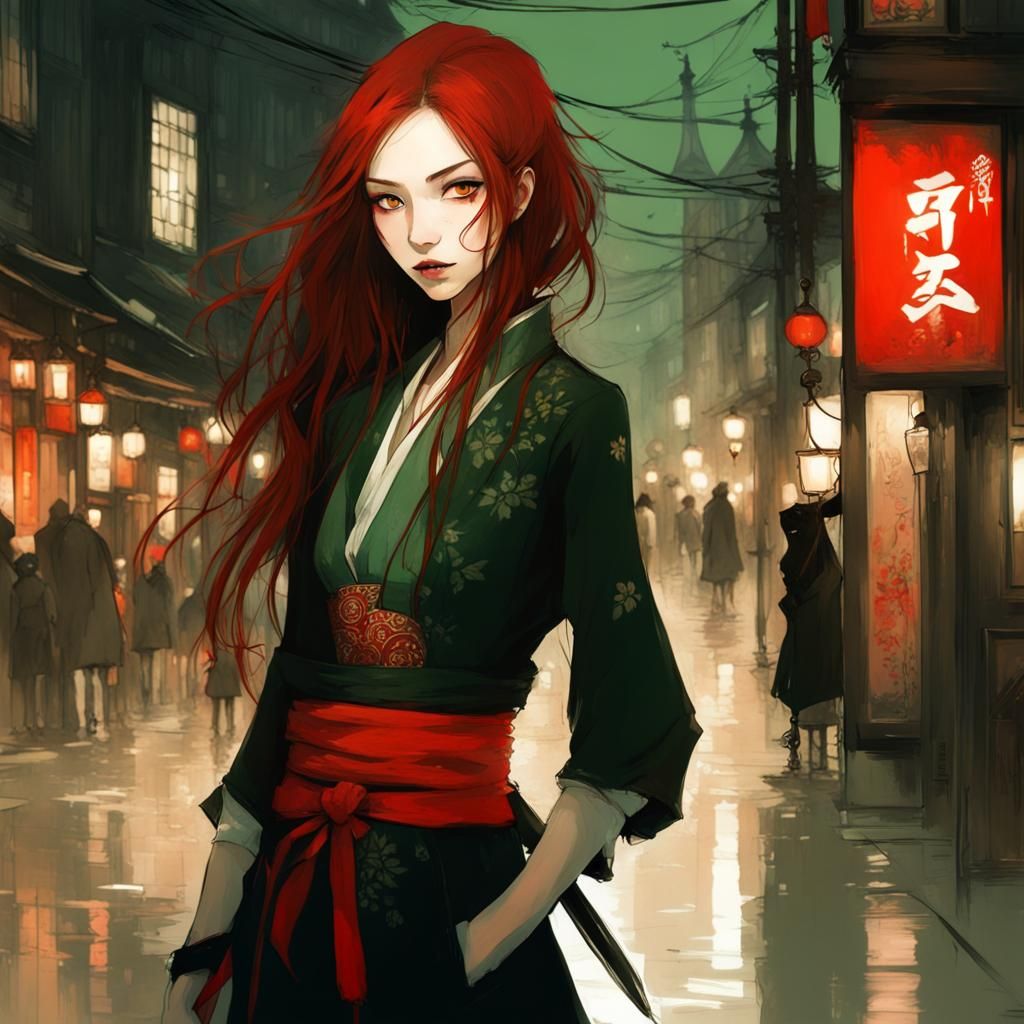 Japanese Rogue with Dagger in Ornate Portrait