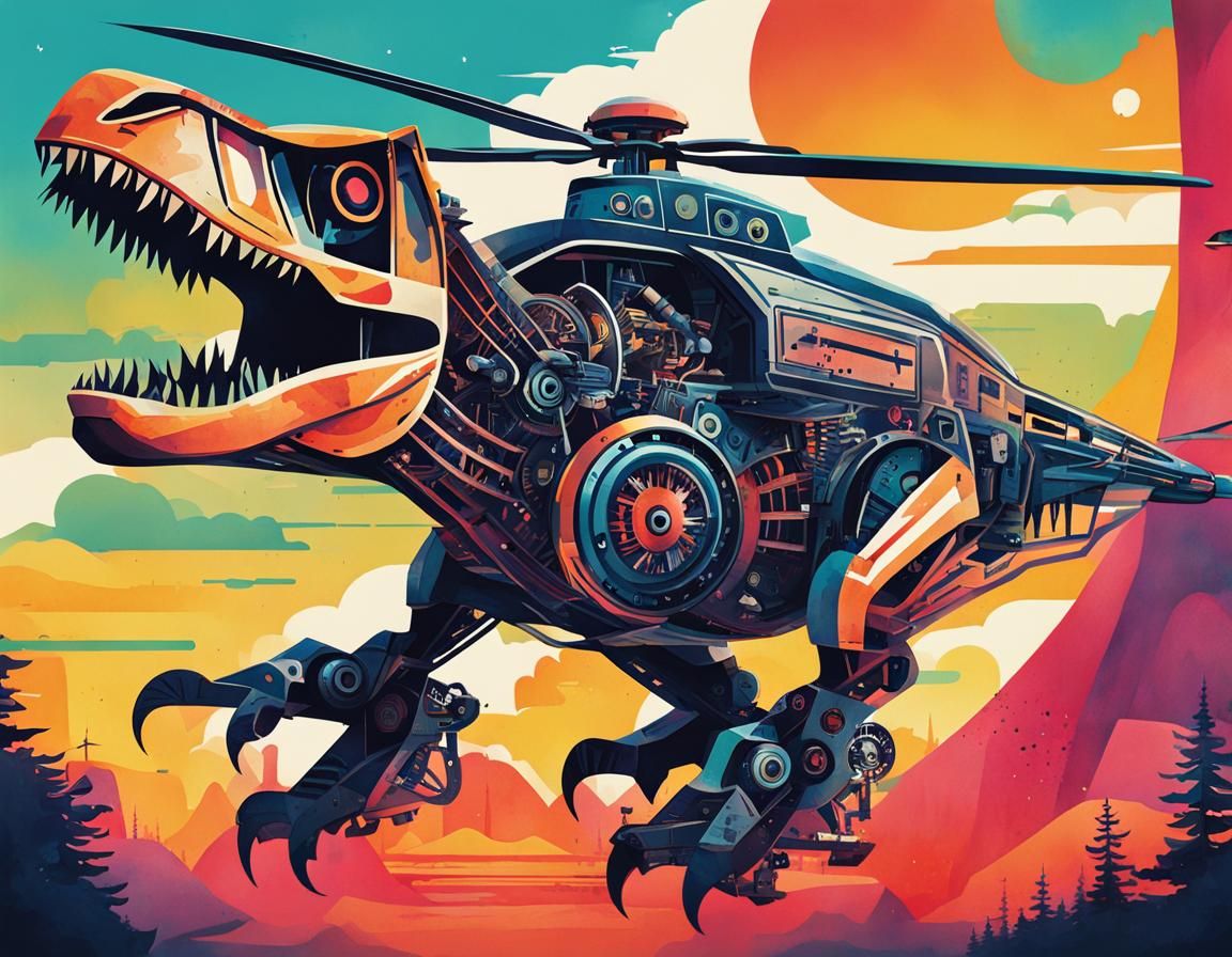 Mechanical Flying T-Rex in Watercolor Poster