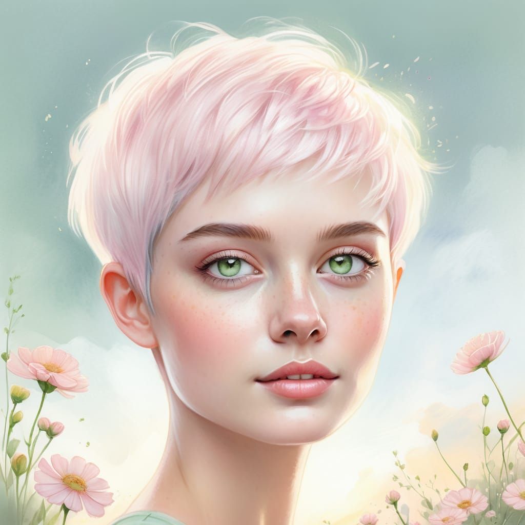 Woman with Pink Pixie Hair in Misty Moonlight