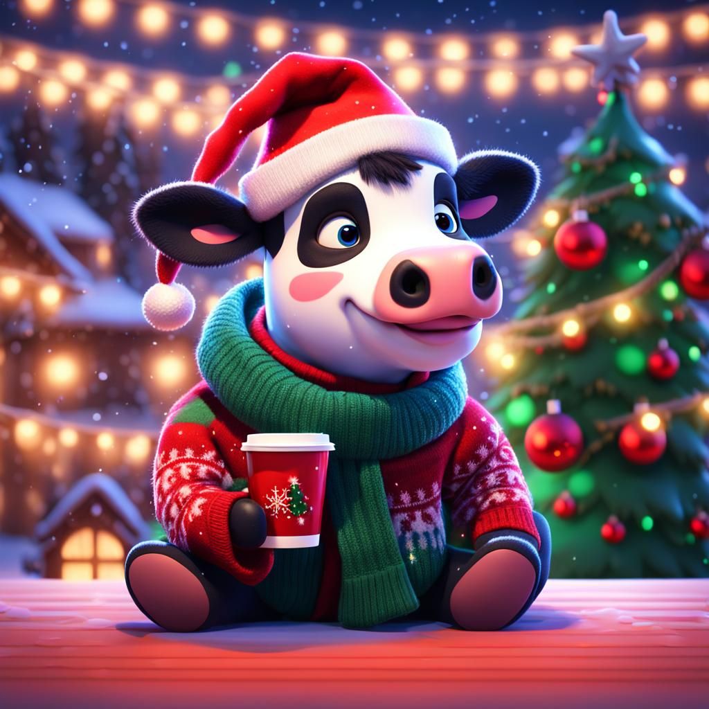 cute Christmas cow with a beanie on, holding cup of coffee, ...