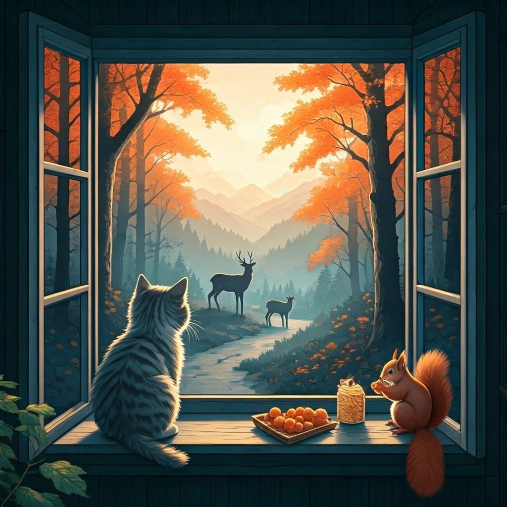 Cozy Mountain Chalet Scene with Kitten and Deer