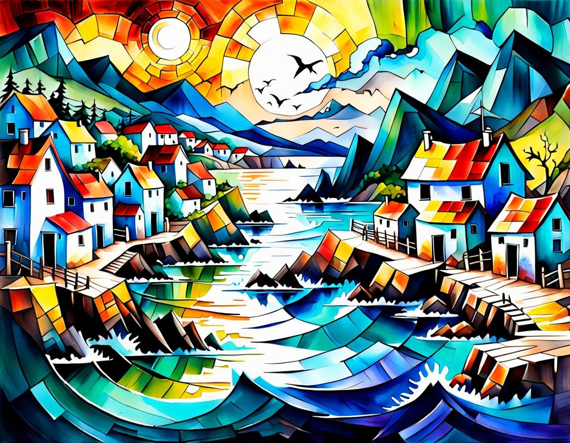 Tempestuous Abandoned Village in Cubist Alcohol Ink Style