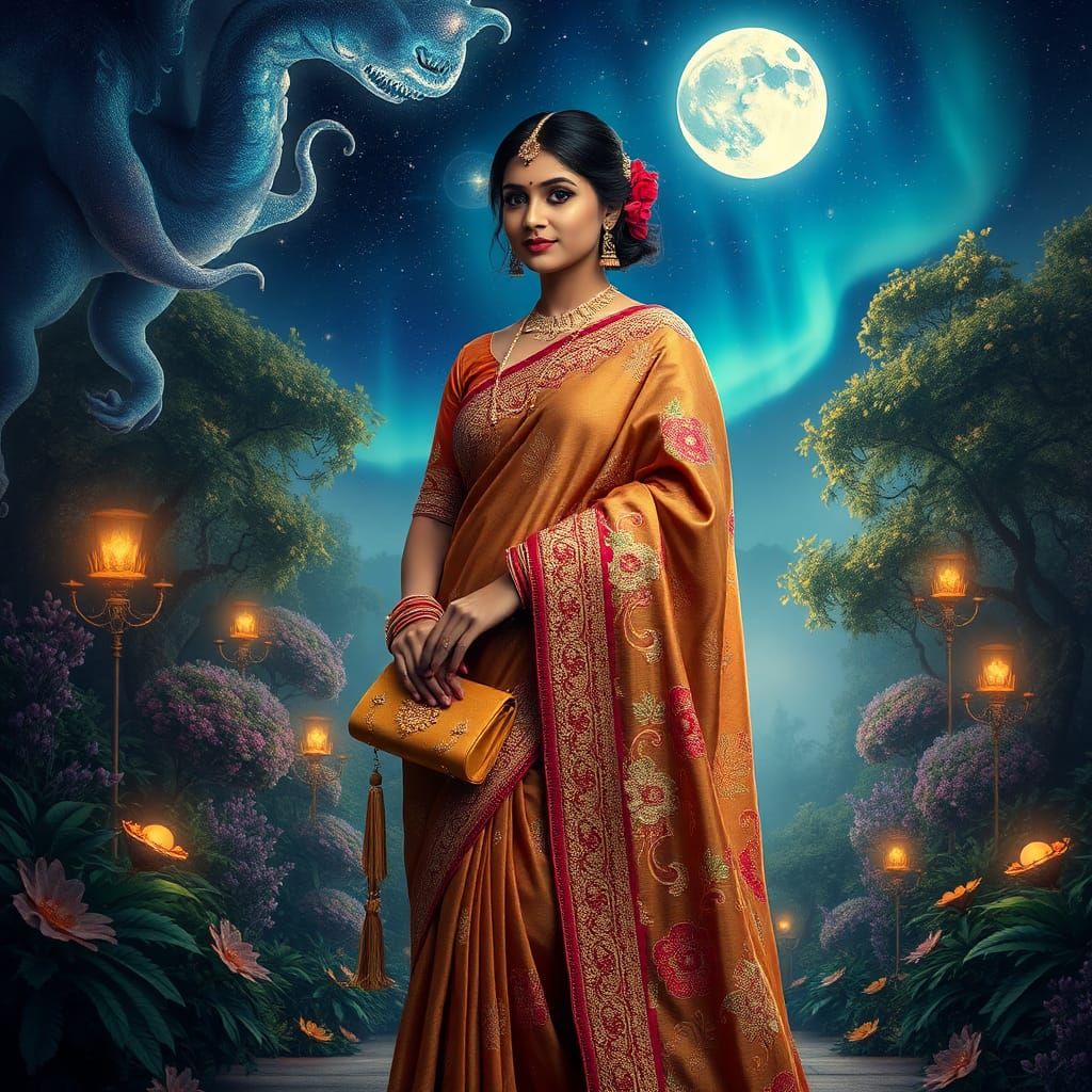 Woman in Embroidered Saree Under Aurora