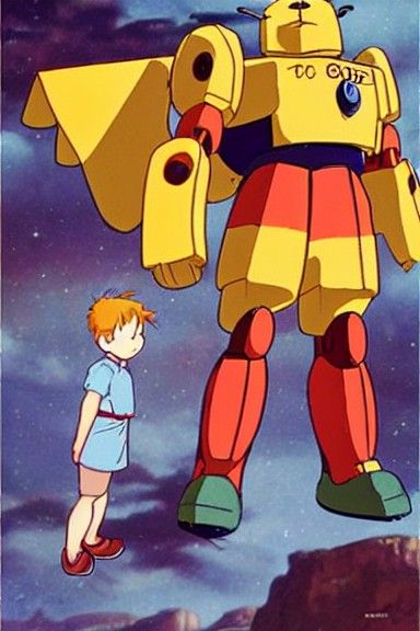Boy with Gigantic Gundam-Style Mech in Anime Style