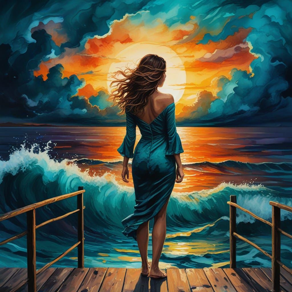 Alcohol Ink Painting of Woman on Pier at Sunset