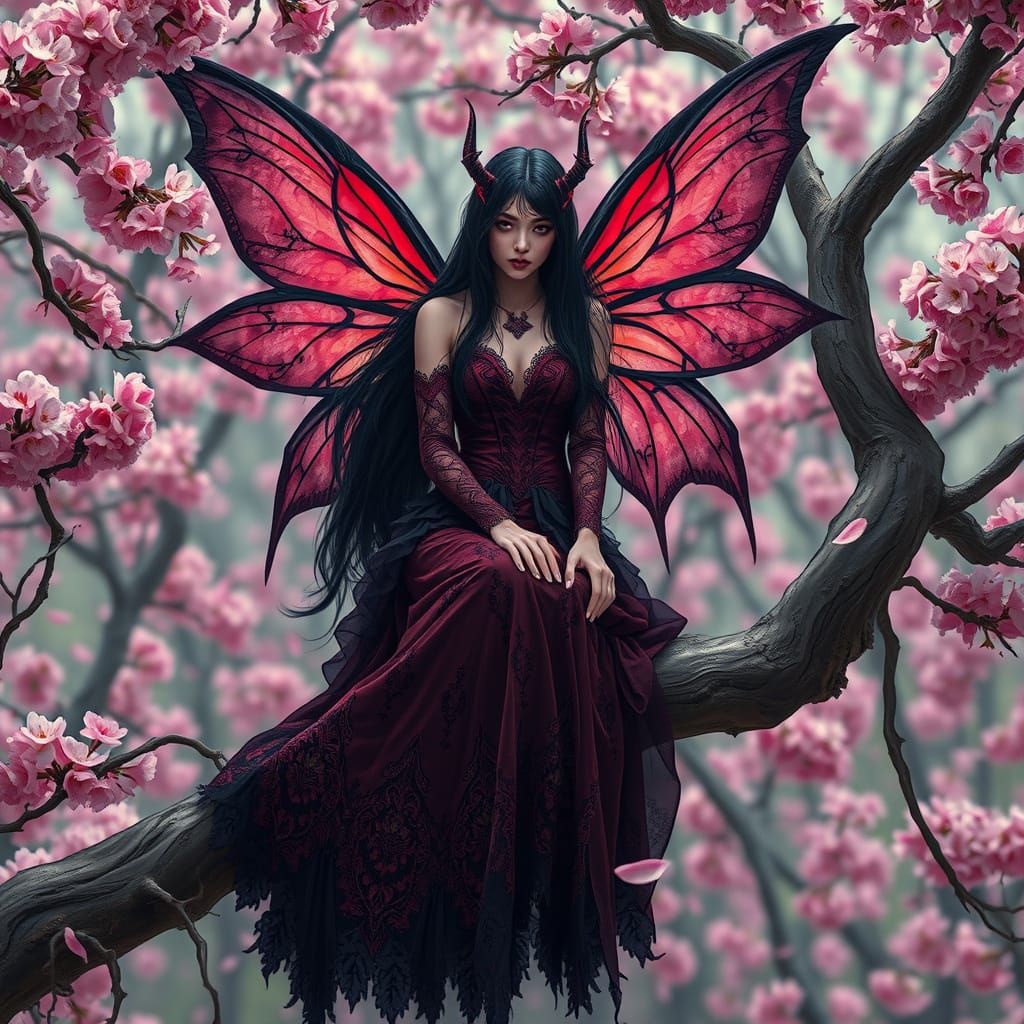 Acrylic and chalk highly detailed dark fantasy illustration of a gothic fairy queen seated gracefully on a twisted tree ...