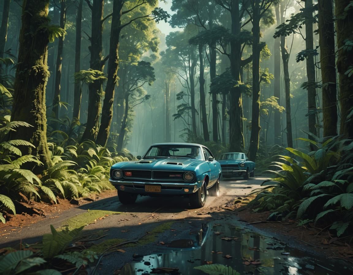 Muscle Car in Rainforest: Cinematic Film Still