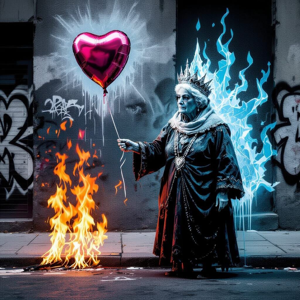 Goddess of Ice Holds Heart Balloon on Urban Street