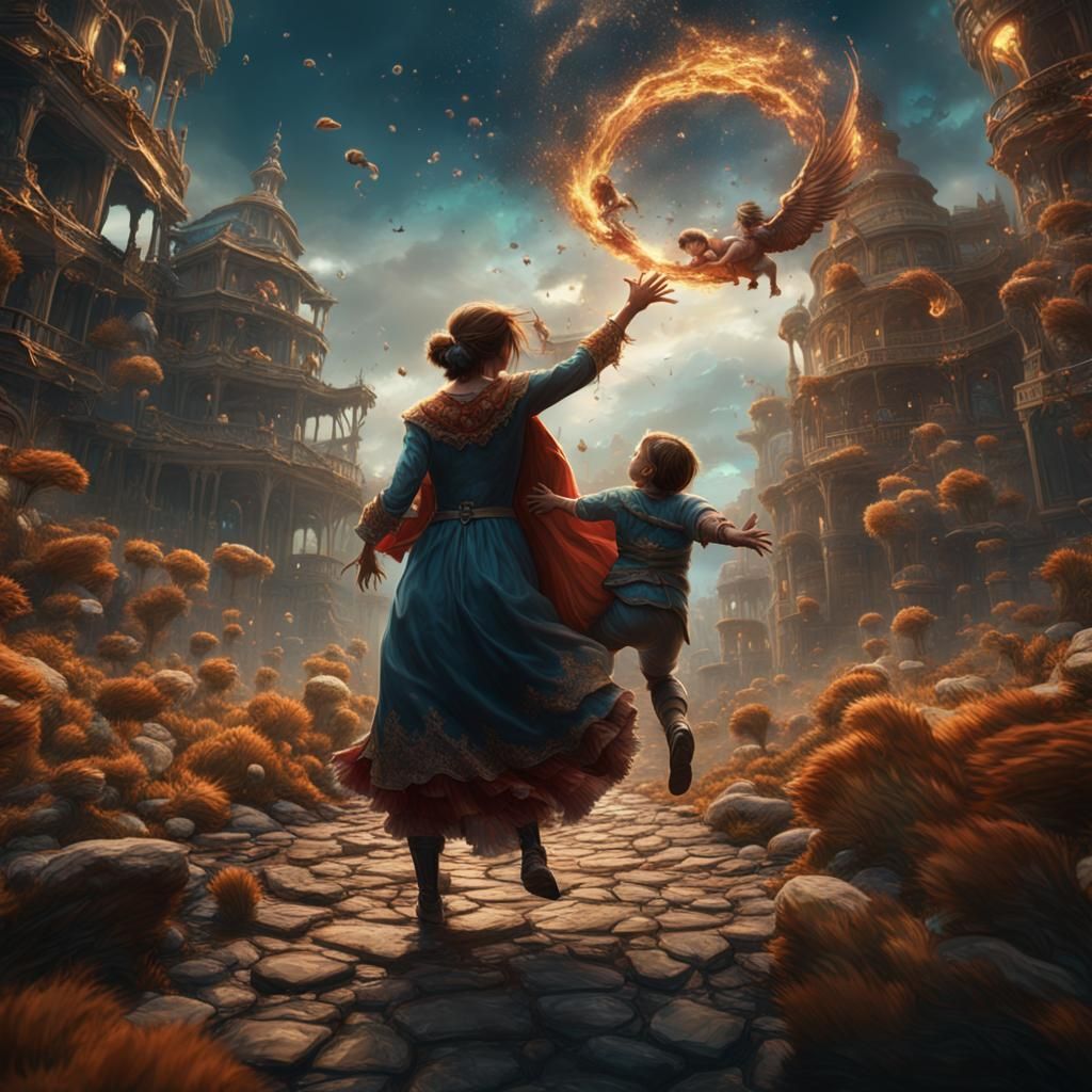 Fantastical Mother and Child Art, Detailed Matte Painting
