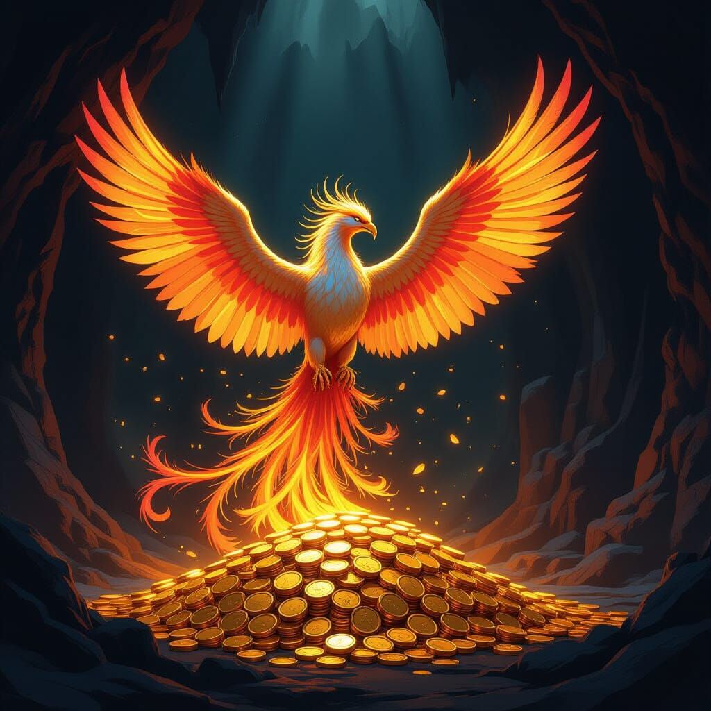 Majestic Phoenix Rises from Gold Coins in Fantasy Art Style