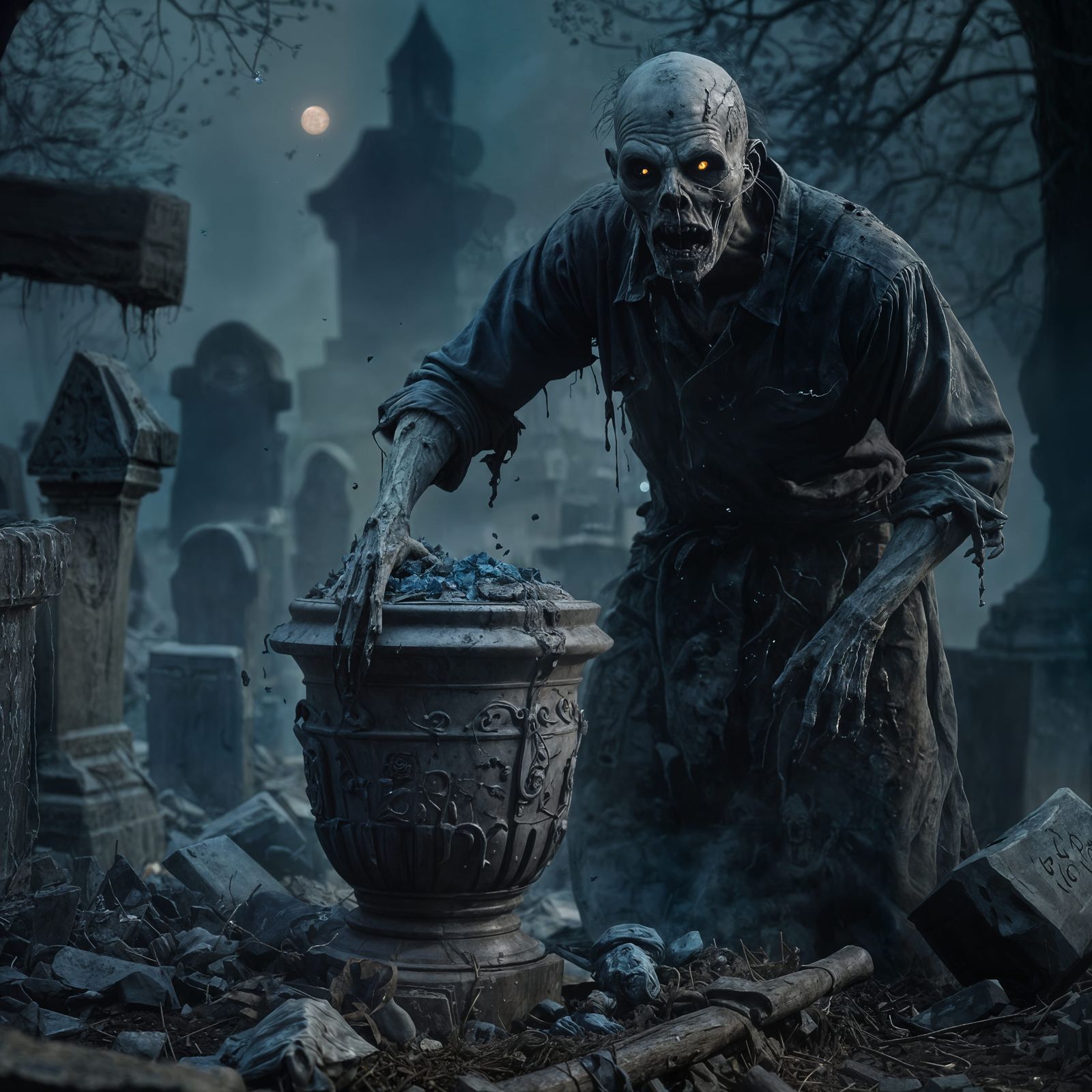 Zombie Emerges from Burial Urn with Ghosts