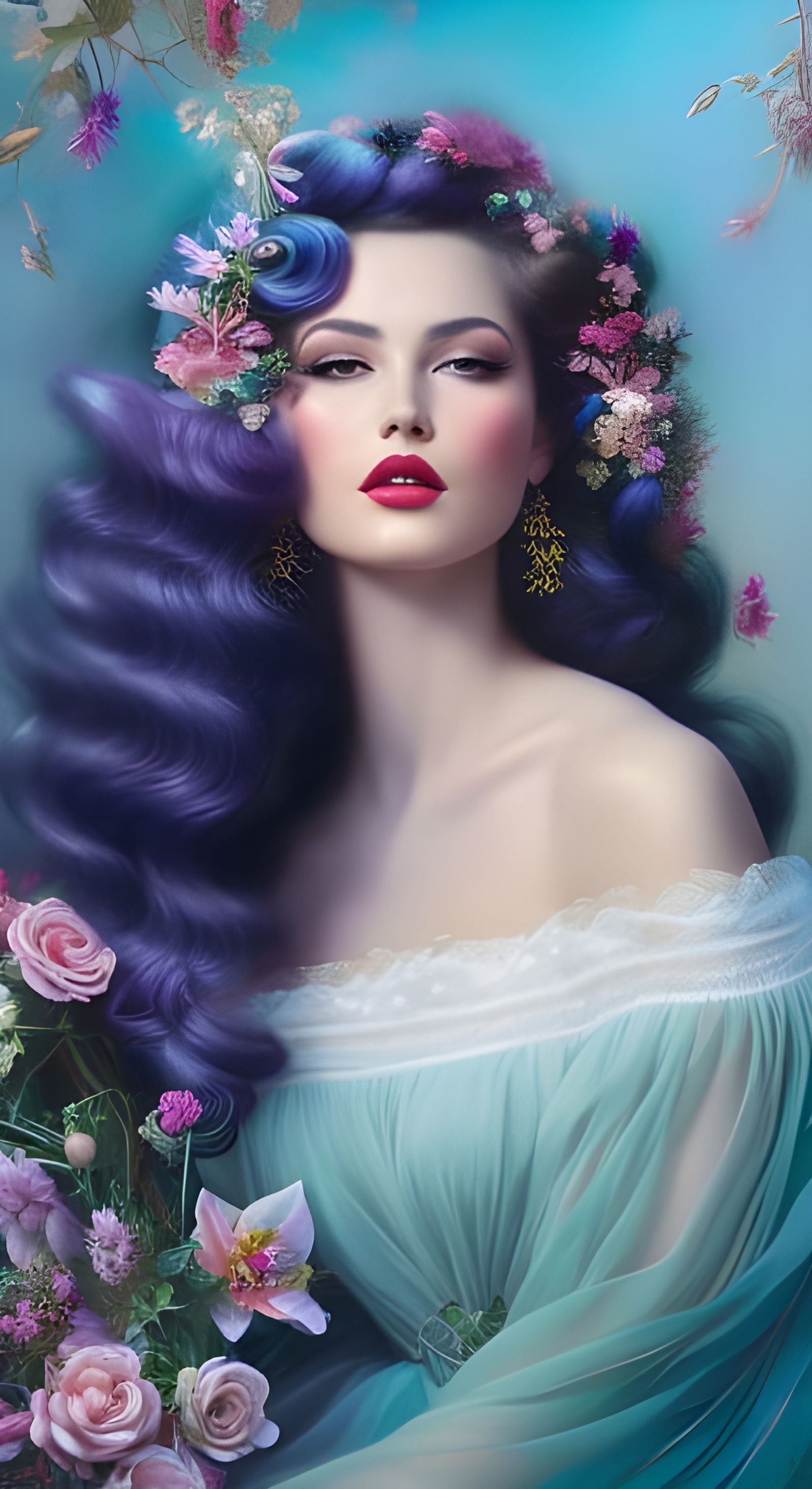 Wavy-Haired Pin-Up in Floral Rococo Fantasy Art