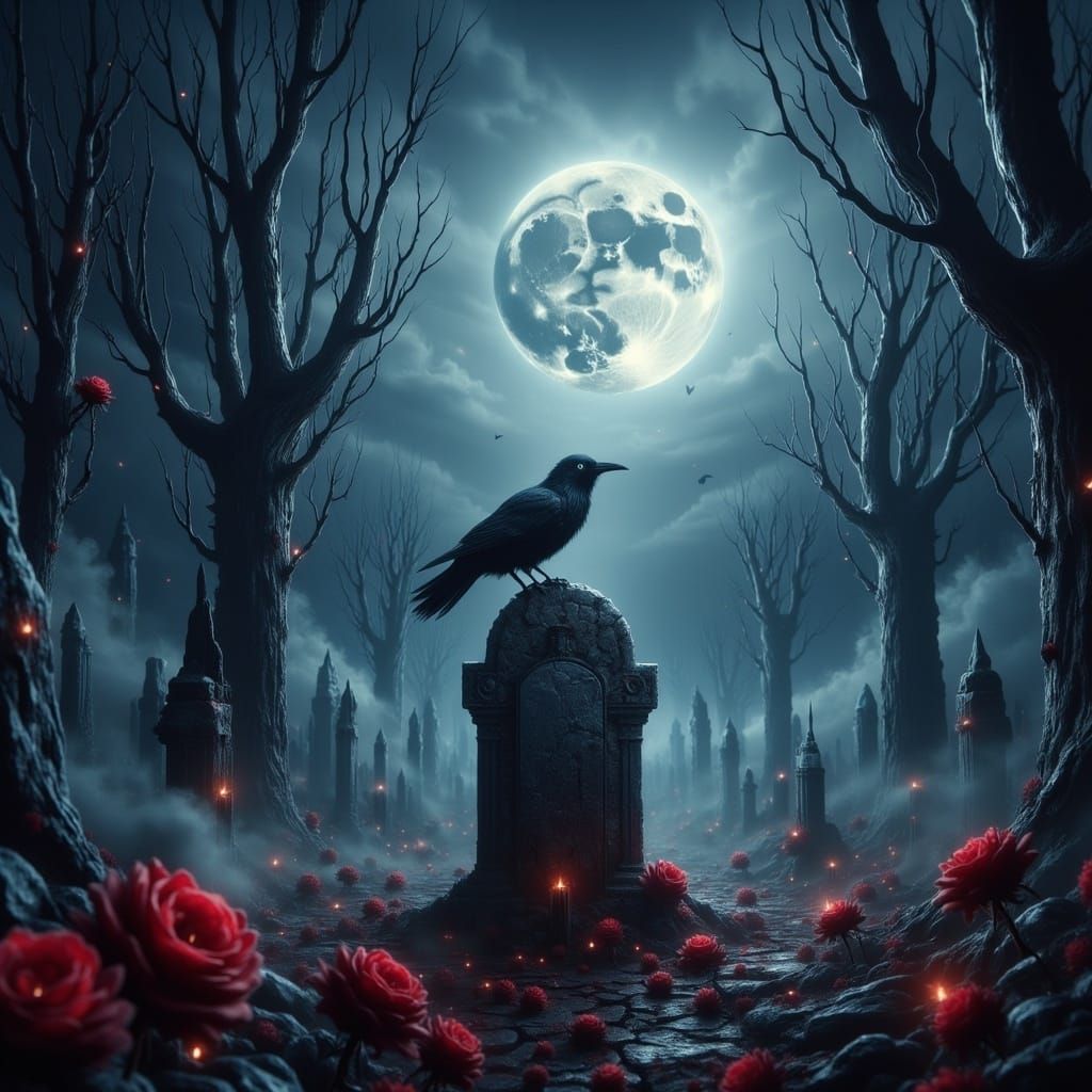 Surreal Graveyard Scene with Raven and Melting Roses in Full...